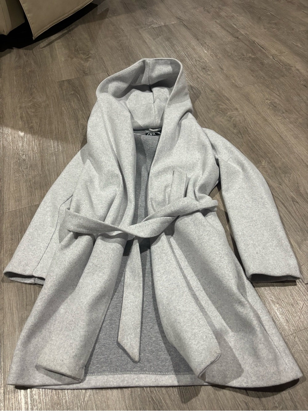 Zara Belted Soft Hoodie Coat Grey Size XS Hooded Long Coat - Picture 3 of 6
